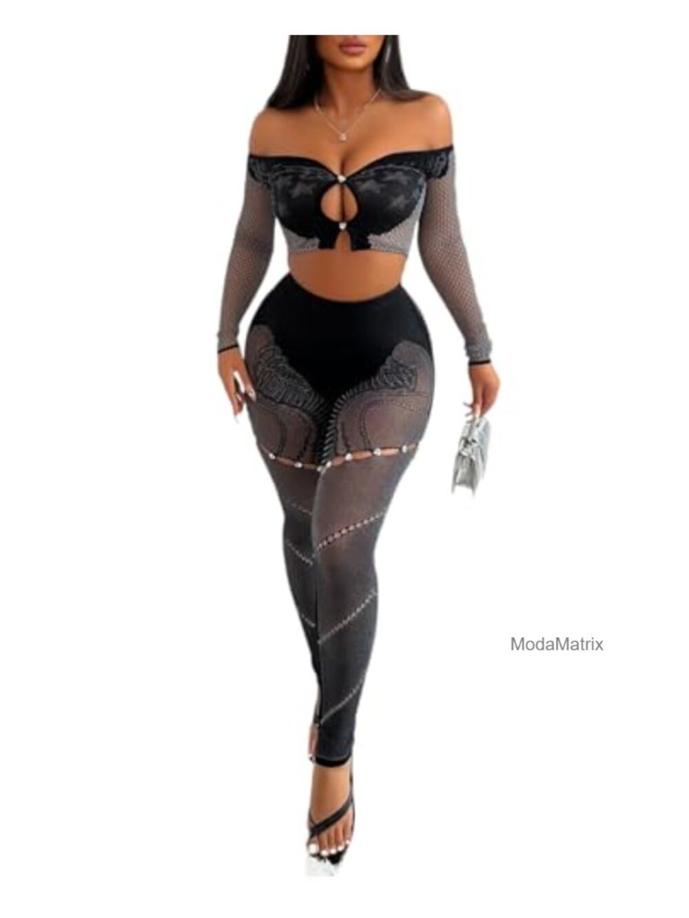 Off Shoulder Rhinestone 2 Piece Lounge Set Long Sleeve Party Outfit